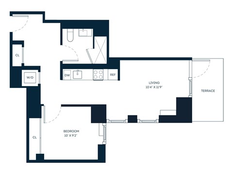 Floor plan for 1 bed, 1 bath, 608 sqft